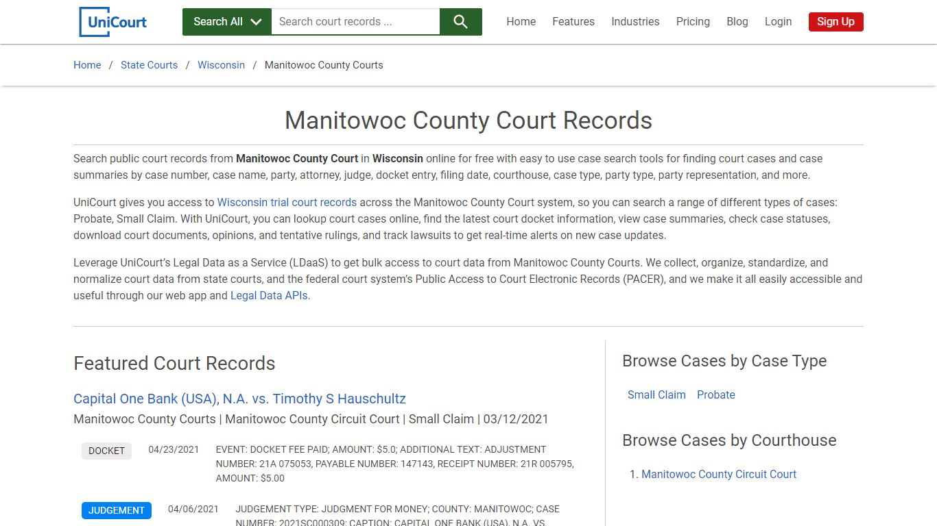 Manitowoc County Court Records | Wisconsin | UniCourt